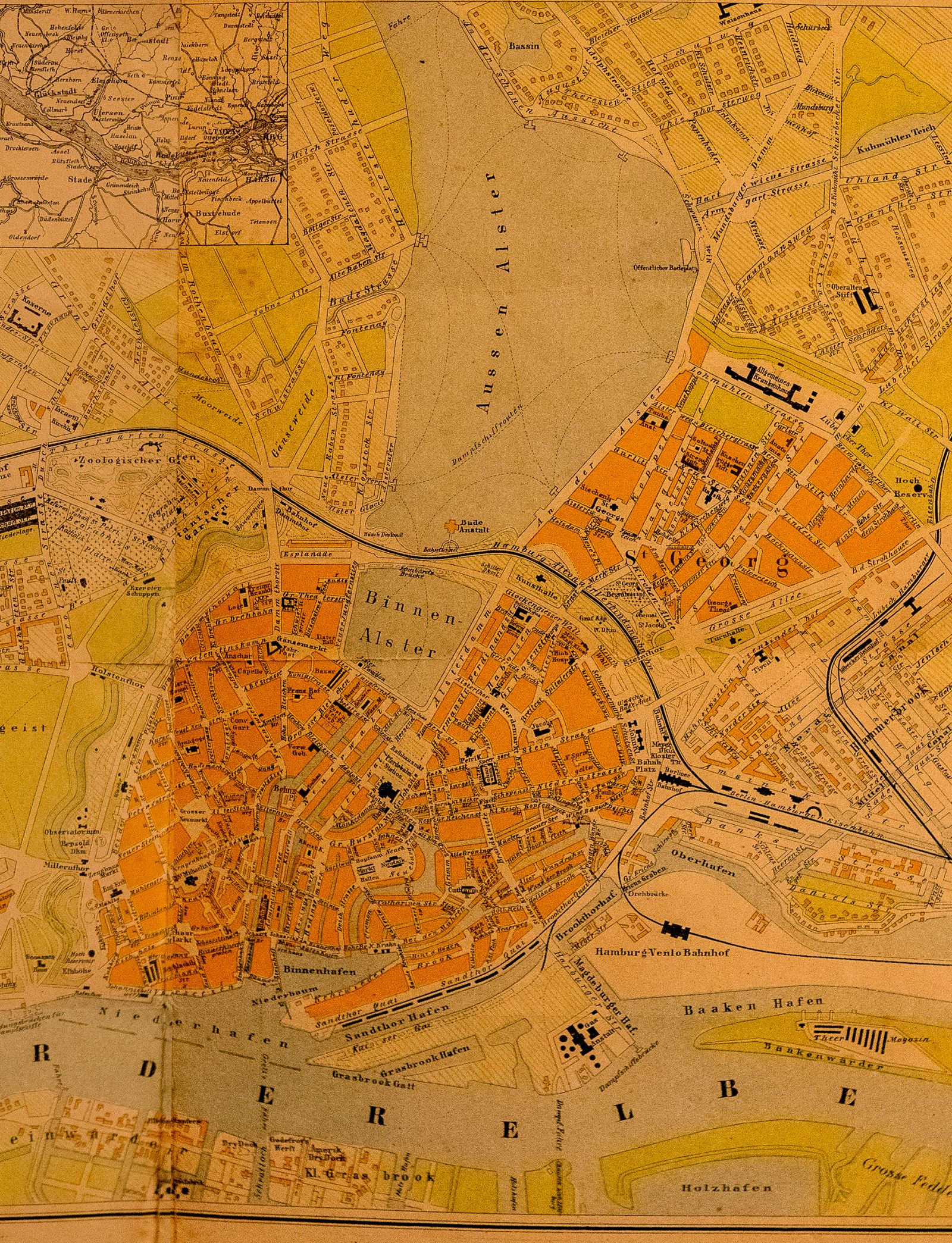 Historischer Stadtplan von Hamburg mit Architektur-Vignetten (ca. 1872–1890)