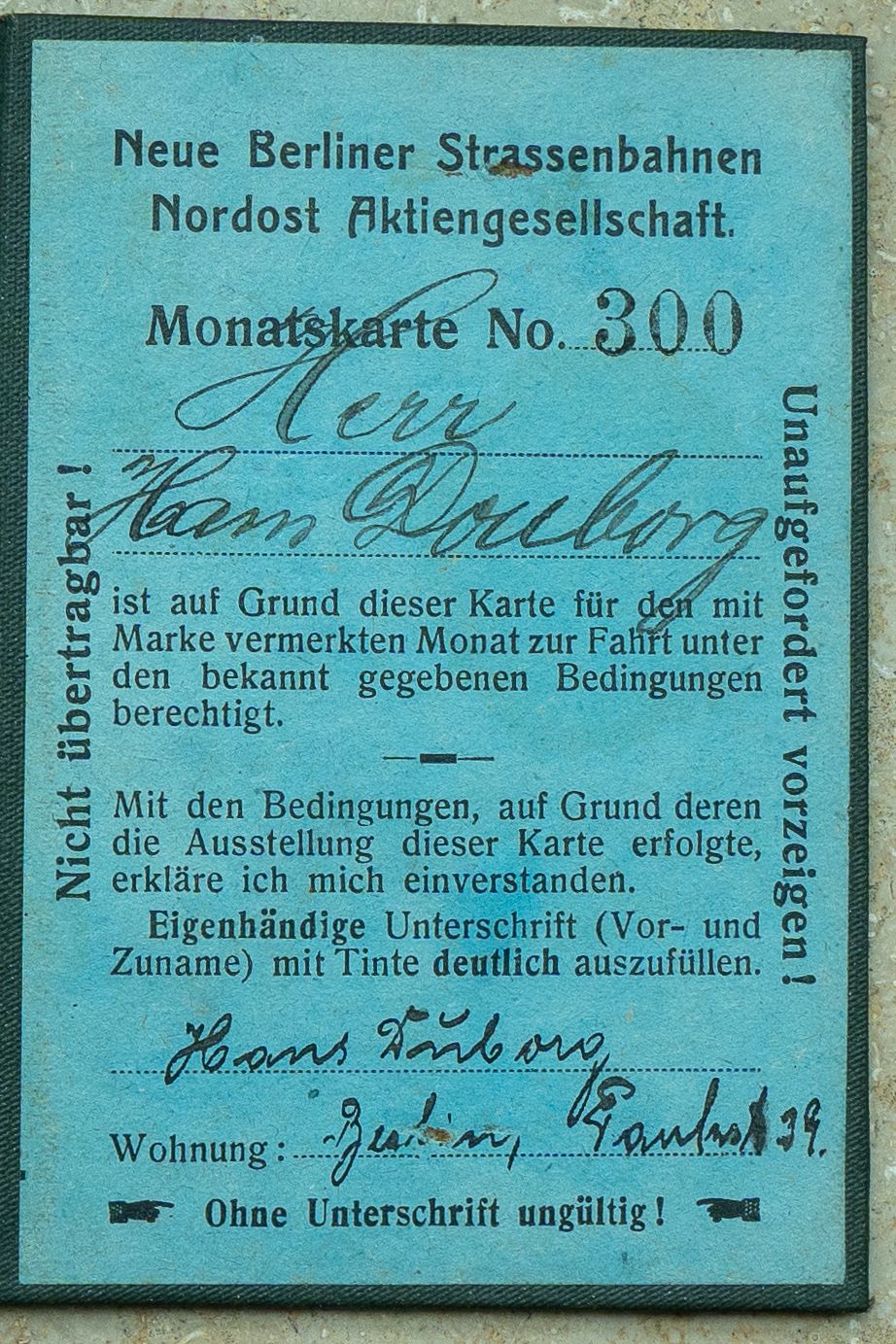 Erste Dauerkarte der Berliner Straßenbahn, Januar 1910